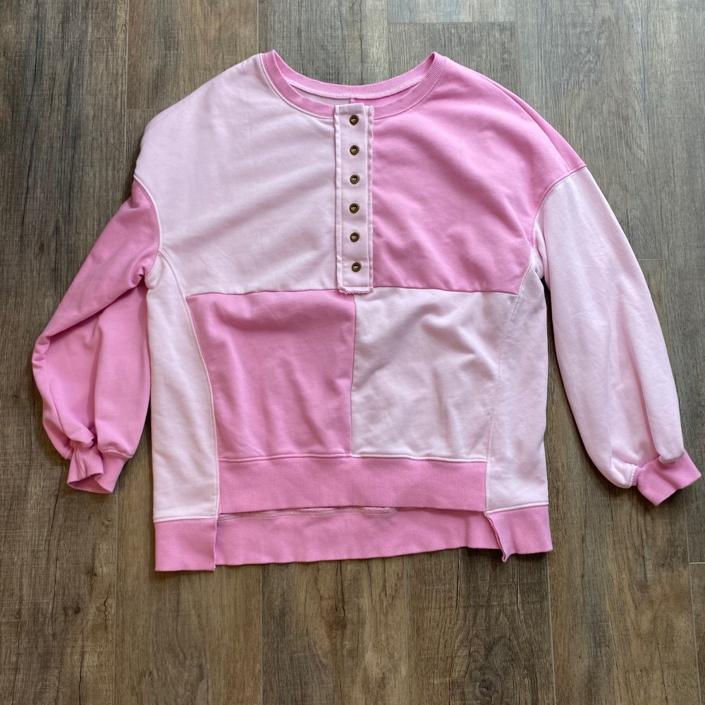 Womens Pink Colorblock Patchwork Henley Sweatshirt Relaxed Fit Medium, Girly